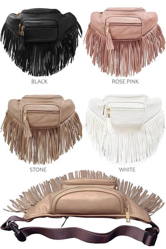 Fashion Fringe Tassel Fanny Pack Waist BagFashion Fringe Tassel Fanny Pack Waist Bag Faux leather Zip top closure Gold-tone hardware Adjustable strap L 13 * H 5.5 * W 4