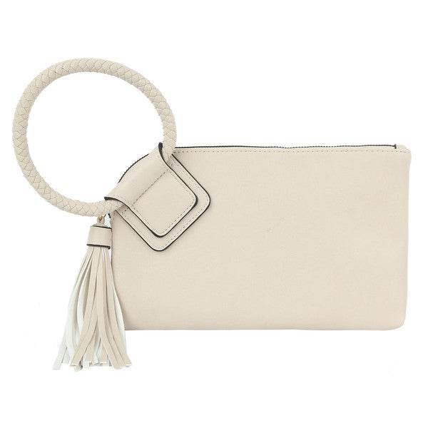 Fashion Cuff Handle Tassel Wristlet ClutchFashion Cuff Handle Tassel Wristlet ClutchFaux vegan leatherZip top closureGold-tone hardwareL 10.5 * H 6.1 * W 1 (5.5 D)Dimensions (inch):one: null (Length), null (