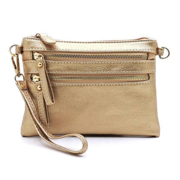 Fashion Clutch & Cross Body BagFashion Clutch &amp; Cross Body Bag Faux leather Gold-tone hardware Zip top closure Detachable shoulder strap &amp; wrist band L 8 * H 6 * W 1