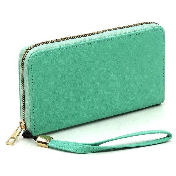 Saffiano Zip Around Wallet WristletSaffiano Zip Around Wallet Wristlet Faux vegan leather Zip around closure Gold-tone hardware Detachable wrist band L 7.75 * H 4.25 * W 1