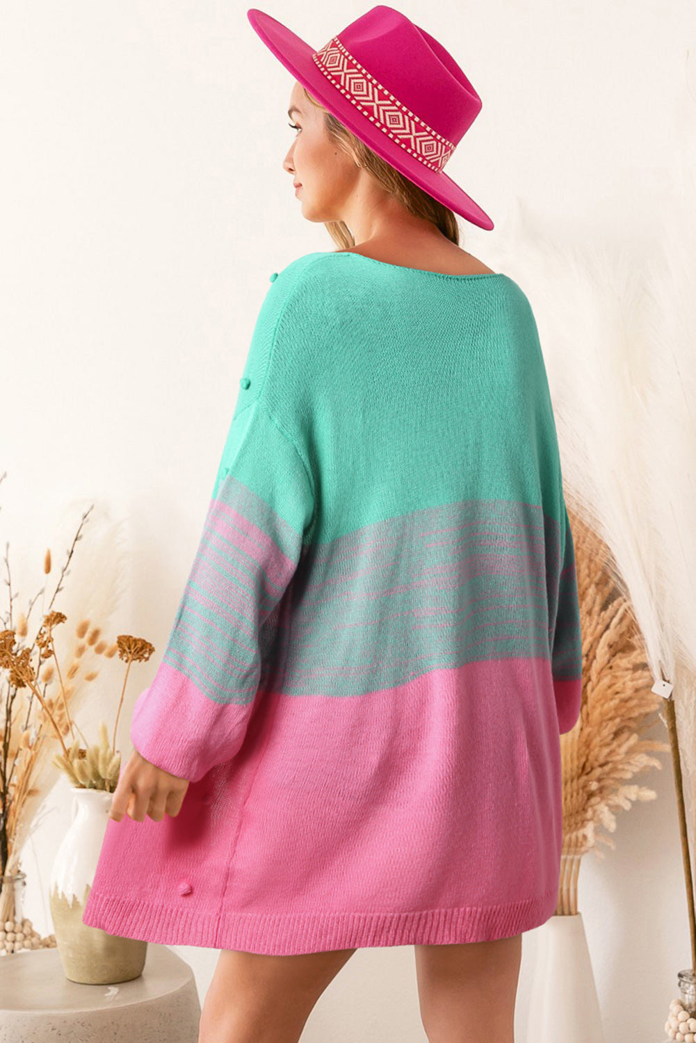 Multicolor Pompom Color Block Open Front Cardigan Sweater