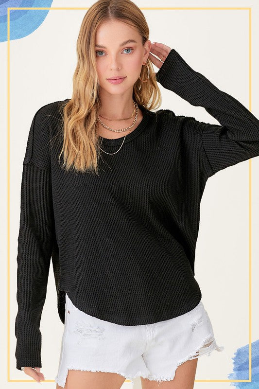 Joanne TopThick waffle-knit top with raw edge and stitch detail.C-3* Size info: True to size* Product Measurement - SIZE - SMALL - LENGTH: 24 1/2" - SLEEVE LENGTH: S: 22" M: 2