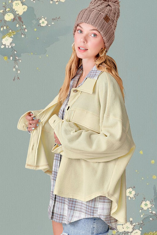 Matilda JacketDaily oversized lightweight jacket with button up front, collared neckline, long sleeves with button cuffs and exaggerated front patch pockets* Having trouble matchi