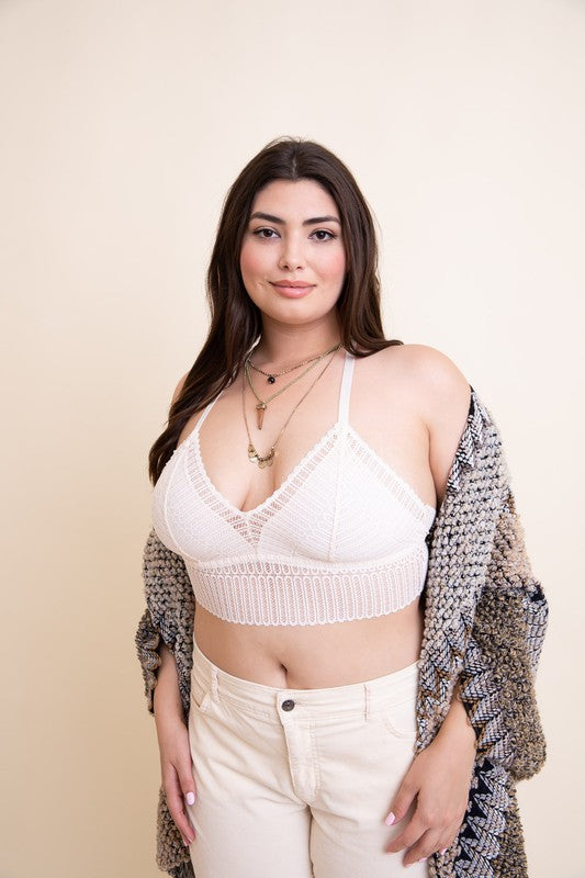 Plus Size Ribbed Lace Boho Racerback BralettePlus Size Ribbed Lace Boho Racerback BraletteImmediate ShippingCup size 34DD, 36D, 38C, 40B
Style: Casual
Print / Pattern: Ribbed Lace
Fit: Regular
Neck Line: Triang