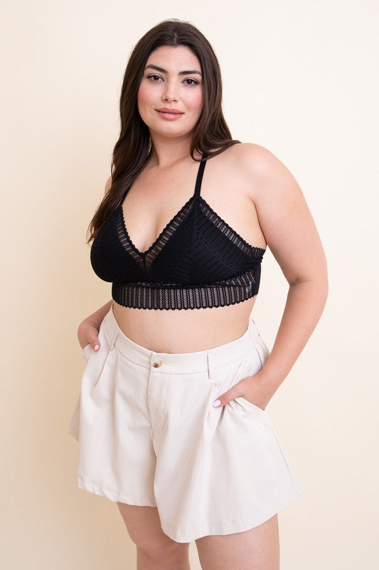 Plus Size Ribbed Lace Boho Racerback BralettePlus Size Ribbed Lace Boho Racerback BraletteImmediate ShippingCup size 34DD, 36D, 38C, 40B
Style: Casual
Print / Pattern: Ribbed Lace
Fit: Regular
Neck Line: Triang