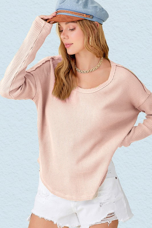 Joanne TopThick waffle-knit top with raw edge and stitch detail.C-3* Size info: True to size* Product Measurement - SIZE - SMALL - LENGTH: 24 1/2" - SLEEVE LENGTH: S: 22" M: 2