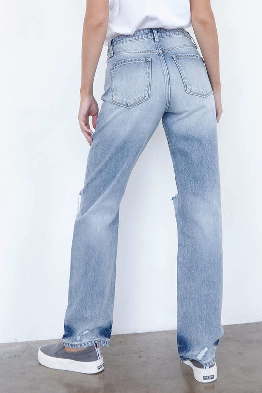 HIGH WAISTED LOOSE STRAIGHT JEANSHIGH WAISTED LOOSE STRAIGHT JEANS100% COTTON(SIZE 3)WAIST 30"HIP 38 3/4"FRONT SIZE 10 1/2"LEG OPENING 15 3/4"INSEAM 31 1/2"*Model wears size 1*MODELHEIGHT 5'8"BUST 3