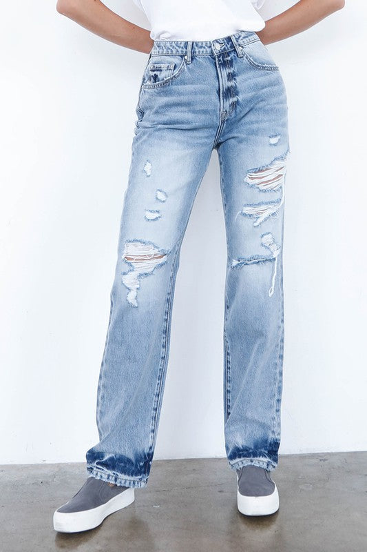 HIGH WAISTED LOOSE STRAIGHT JEANSHIGH WAISTED LOOSE STRAIGHT JEANS100% COTTON(SIZE 3)WAIST 30"HIP 38 3/4"FRONT SIZE 10 1/2"LEG OPENING 15 3/4"INSEAM 31 1/2"*Model wears size 1*MODELHEIGHT 5'8"BUST 3