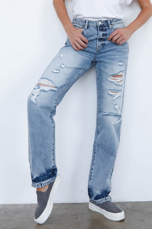 HIGH WAISTED LOOSE STRAIGHT JEANSHIGH WAISTED LOOSE STRAIGHT JEANS100% COTTON(SIZE 3)WAIST 30"HIP 38 3/4"FRONT SIZE 10 1/2"LEG OPENING 15 3/4"INSEAM 31 1/2"*Model wears size 1*MODELHEIGHT 5'8"BUST 3