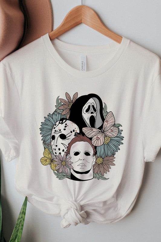 UNISEX SHORT SLEEVEHALLOWEEN FLORAL,JASON,FREDY,SCREAM UNISEX SHORT SLEEVE100%COTTON,HEATHER(52%COTTON,48%POLY),ATH.HEATHER,BLACK HEATHER(90%COTTON,575%POLY)IMPORTSize Measurement (inc