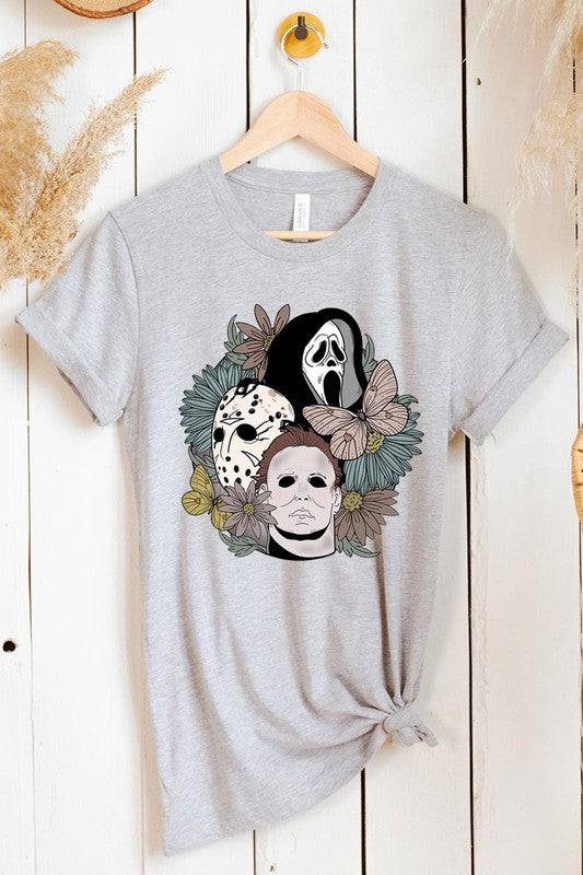 UNISEX SHORT SLEEVEHALLOWEEN FLORAL,JASON,FREDY,SCREAM UNISEX SHORT SLEEVE100%COTTON,HEATHER(52%COTTON,48%POLY),ATH.HEATHER,BLACK HEATHER(90%COTTON,575%POLY)IMPORTSize Measurement (inc