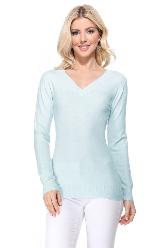 Women's Long Sleeve V-Neck Pulll Over Sweater Top- 25"-26.5" Length, V-Neck, Long Sleeve, Casual, Basic, and Classic Viscose Knitted Pullover Sweater- Lightweight Knit Pullover Sweater with High Quality Soft Viscos