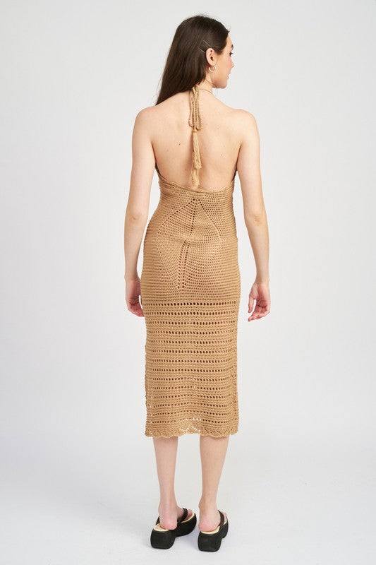 CROCHET HALTER MIDI DRESS WITH SLITSIZE &amp; FIT :MODEL WEARS SIZE SMALLMODEL'S HEIGHT 5'9Made In: IMPORTEDFabric Contents: 55% ACRYLIC, 45% COTTON