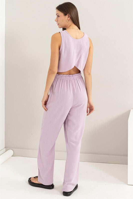 D-Linen Blended Top and Pants SetIndulge in the luxurious comfort of our D-Linen Blended Top and Pants Set. Crafted from a soft rayon-linen blend fabric, this matching set offers both style and comf