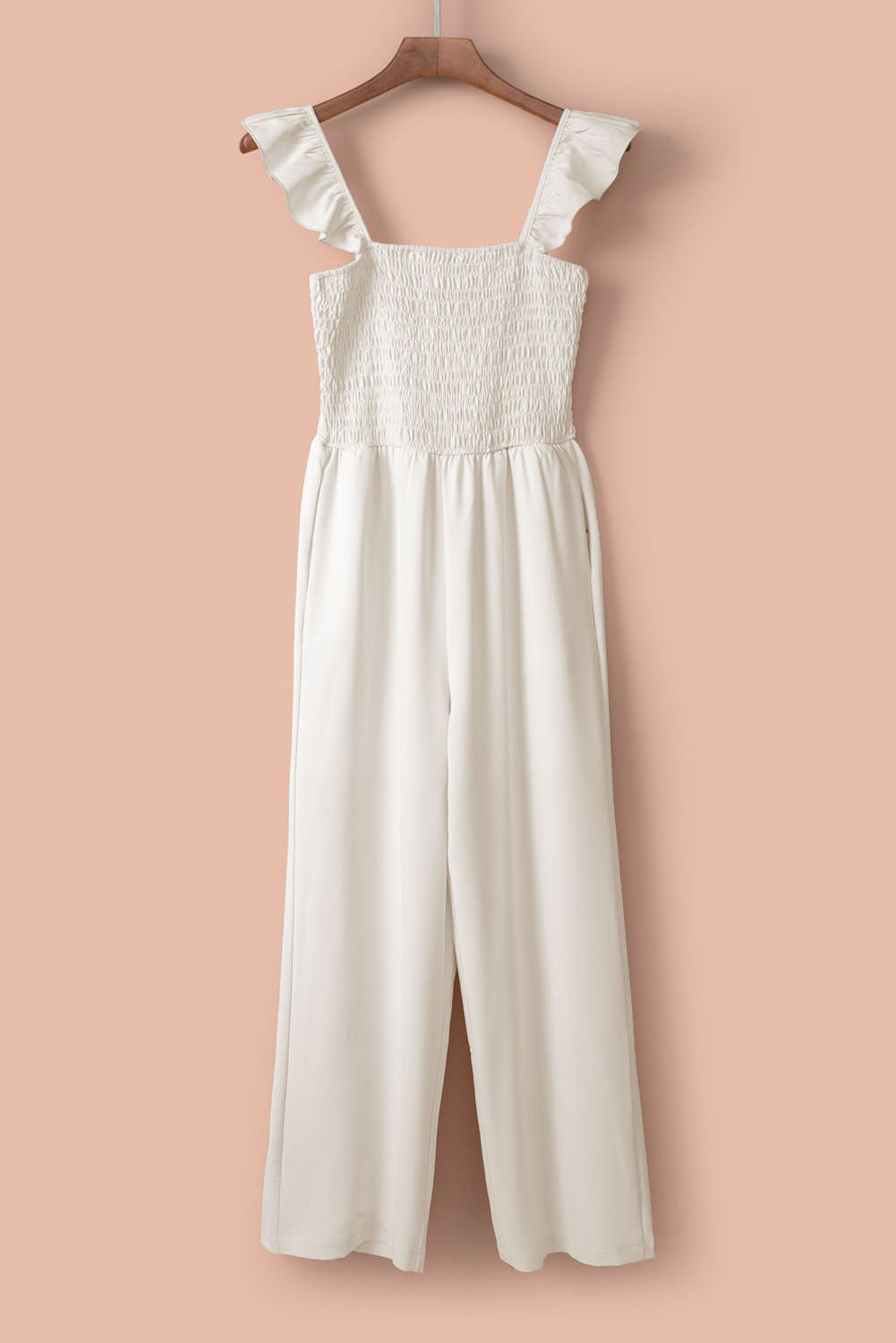 Apricot Smocked Ruffle Strap Pocket Wide Leg JumpsuitMaterial:100%Polyester



		This plain jumpsuit is sexy yet graceful with a flattering silhouette
	
	
		Flutter sleeves, square neck, smocked bodice and wide le