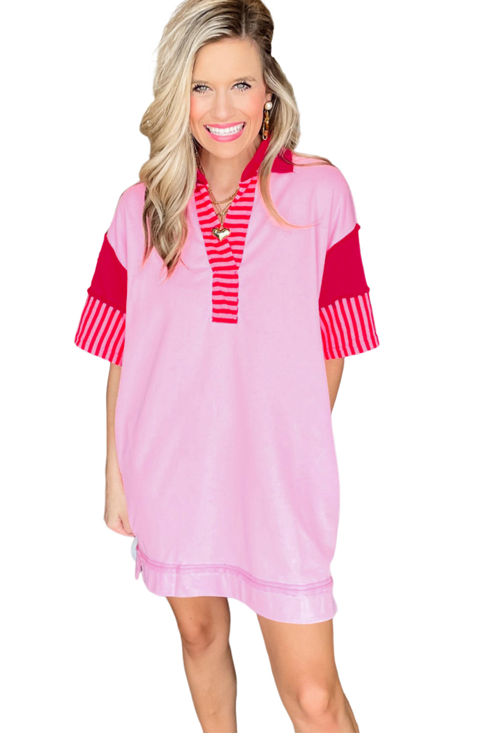 Pink Stripe Colorblock Sleeve Collared Mini DressMaterial:65%Polyester+35%Cotton

• The combination of pink and stripes adds a fun and trendy touch to your outfit.
• Embrace the relaxed vibes with the drop sleeve