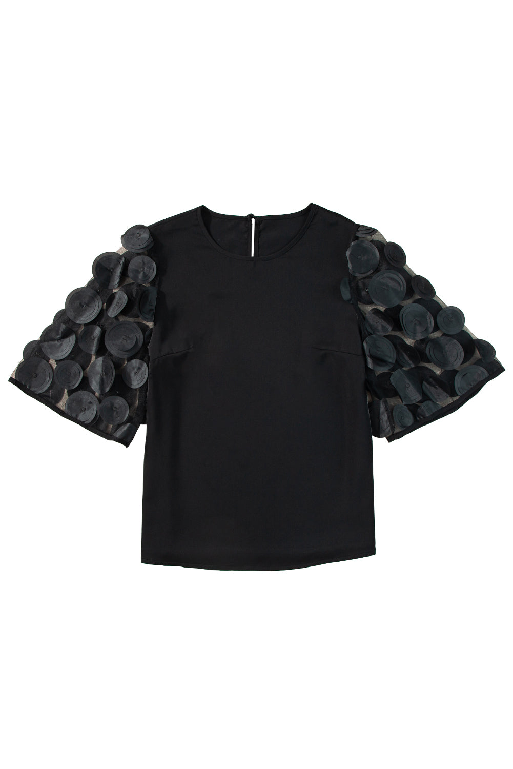 Black Applique Mesh Keyhole Back Splicing Sleeve BlouseMaterial:100%Polyester



		The blouse is a stylish and feminine top featuring delicate applique and mesh splicing on the sleeves, adding a touch of elegance and s