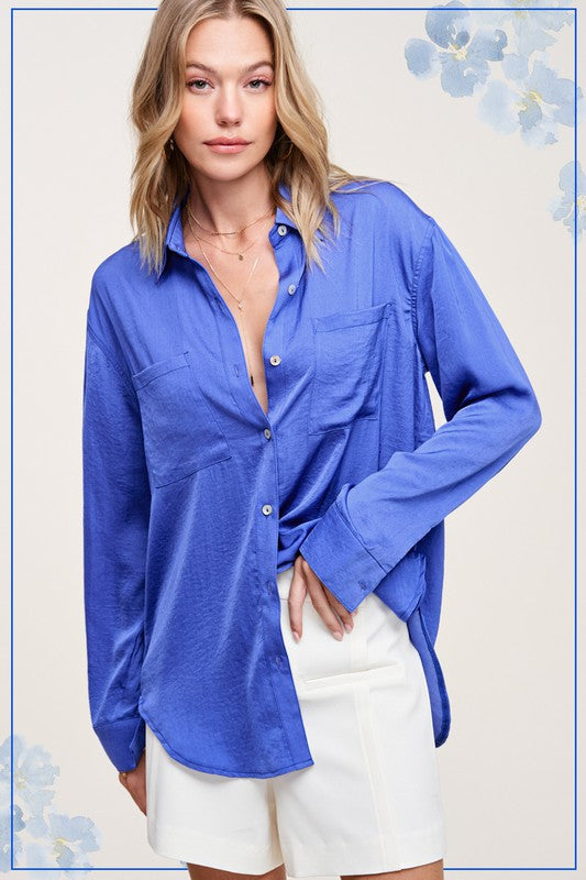 Hazel TopA stunning and versatile button-down shirt that exudes elegance and sophistication with its silky appearance. This top features a captivating silky texture and is ad