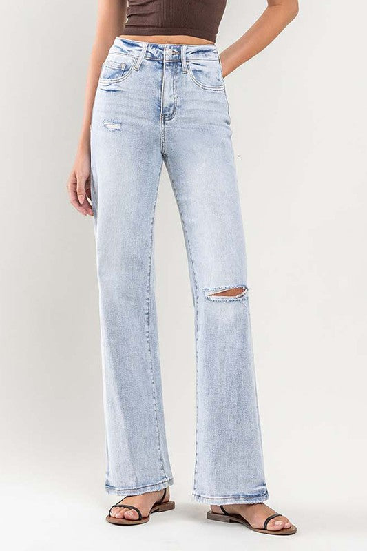 90's Vintage Super High-Rise Flare JeansThe 90's vintage super high-rise flare jeans are a nostalgic and trendy addition to your wardrobe. Made from comfort stretch denim, they offer both style and comfort