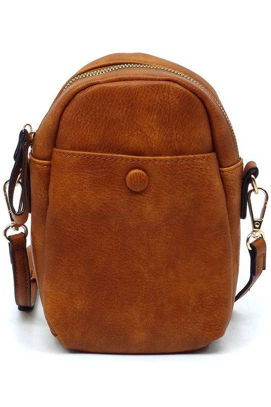 Front Pocket Mini Crossbody Bag Cell Phone PurseFront Pocket Mini Crossbody Bag Cell Phone Purse Faux vegan leather Zip top closure Gold-tone hardware Detachable shoulder strap L 5.5 * H 7.5 * W 2.5