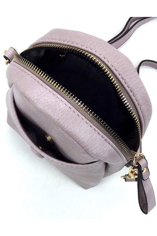 Front Pocket Mini Crossbody Bag Cell Phone PurseFront Pocket Mini Crossbody Bag Cell Phone Purse Faux vegan leather Zip top closure Gold-tone hardware Detachable shoulder strap L 5.5 * H 7.5 * W 2.5