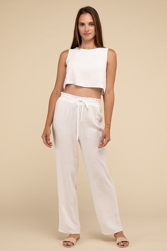 D-Linen Blended Top and Pants SetIndulge in the luxurious comfort of our D-Linen Blended Top and Pants Set. Crafted from a soft rayon-linen blend fabric, this matching set offers both style and comf