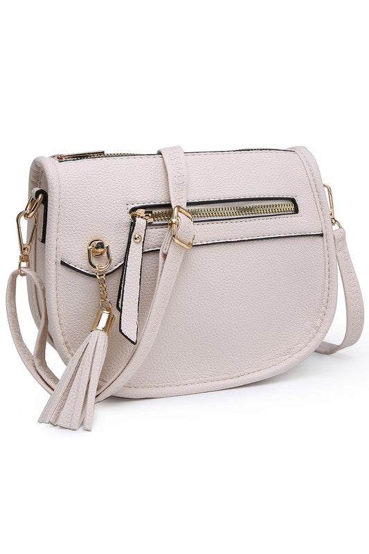 Fashion Saddle Crossbody BagFashion Saddle Crossbody Bag Faux vegan leather Zip top closure Gold-tone hardware Adjustable shoulder strap L 8 * H 6.5 * W 3