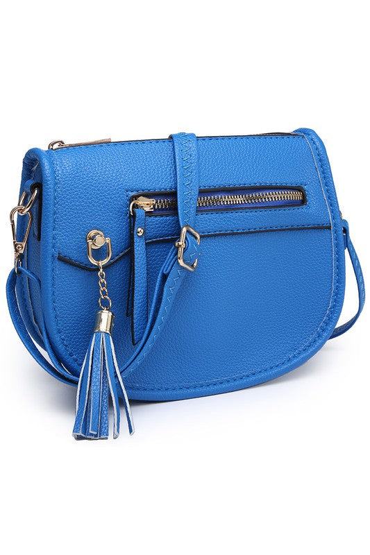 Fashion Saddle Crossbody BagFashion Saddle Crossbody Bag Faux vegan leather Zip top closure Gold-tone hardware Adjustable shoulder strap L 8 * H 6.5 * W 3