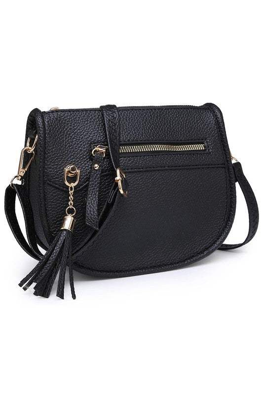 Fashion Saddle Crossbody BagFashion Saddle Crossbody Bag Faux vegan leather Zip top closure Gold-tone hardware Adjustable shoulder strap L 8 * H 6.5 * W 3