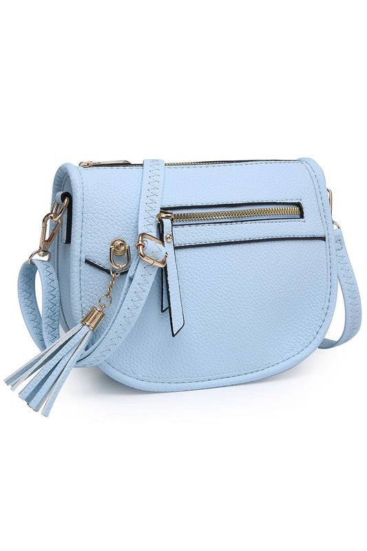 Fashion Saddle Crossbody BagFashion Saddle Crossbody Bag Faux vegan leather Zip top closure Gold-tone hardware Adjustable shoulder strap L 8 * H 6.5 * W 3