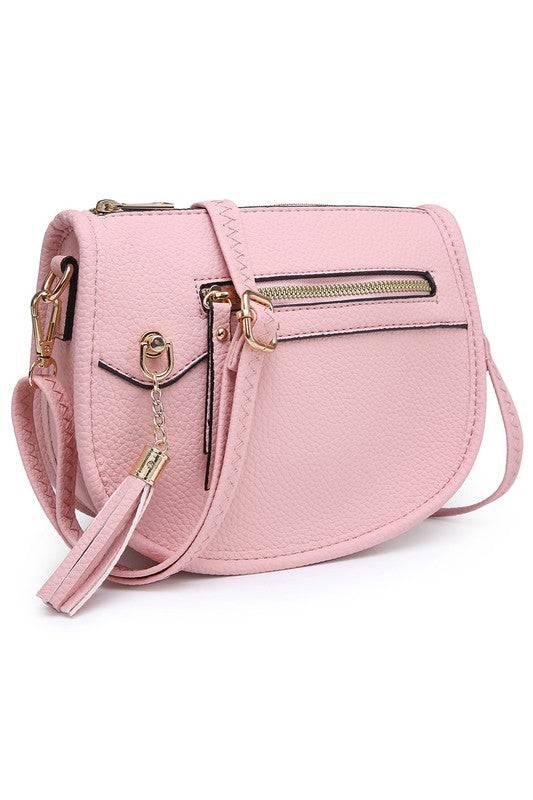 Fashion Saddle Crossbody BagFashion Saddle Crossbody Bag Faux vegan leather Zip top closure Gold-tone hardware Adjustable shoulder strap L 8 * H 6.5 * W 3