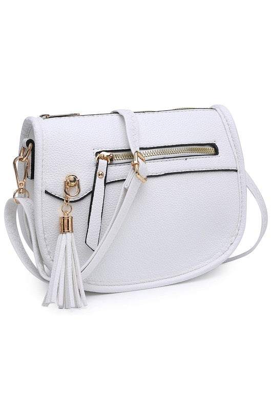 Fashion Saddle Crossbody BagFashion Saddle Crossbody Bag Faux vegan leather Zip top closure Gold-tone hardware Adjustable shoulder strap L 8 * H 6.5 * W 3