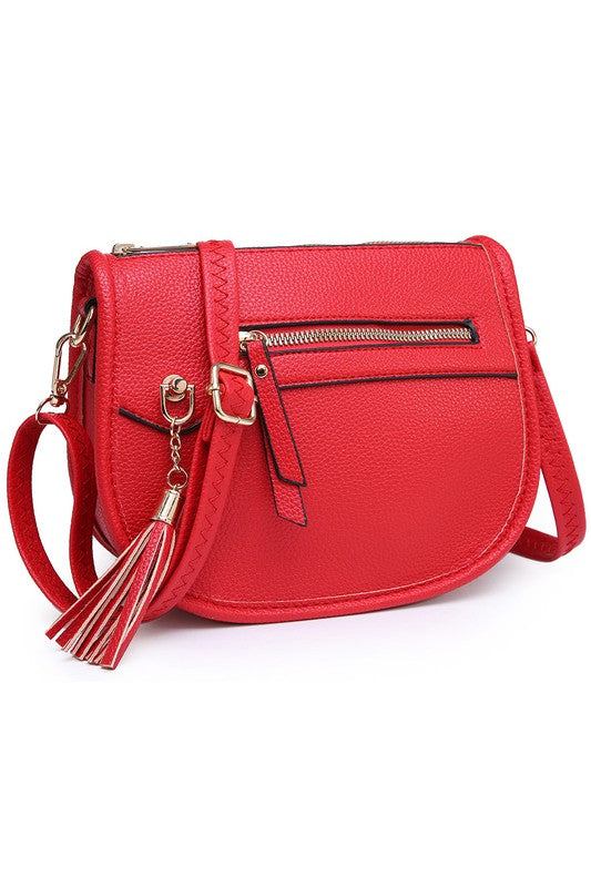 Fashion Saddle Crossbody BagFashion Saddle Crossbody Bag Faux vegan leather Zip top closure Gold-tone hardware Adjustable shoulder strap L 8 * H 6.5 * W 3