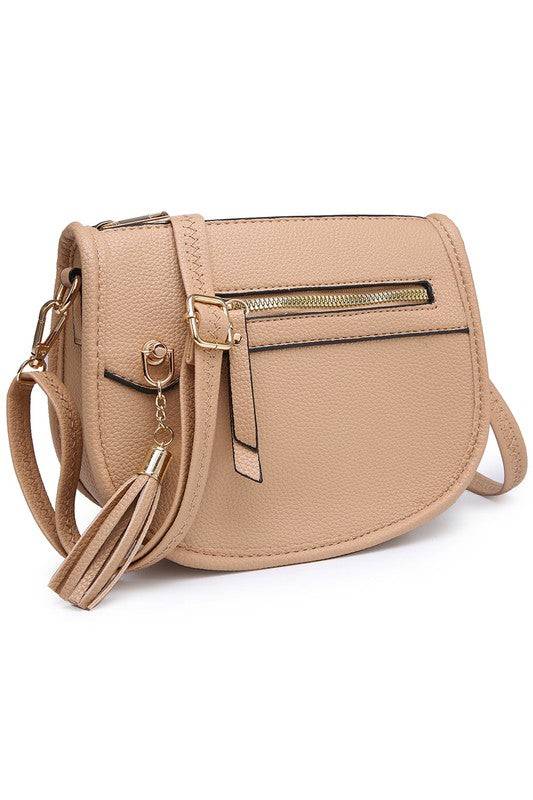 Fashion Saddle Crossbody BagFashion Saddle Crossbody Bag Faux vegan leather Zip top closure Gold-tone hardware Adjustable shoulder strap L 8 * H 6.5 * W 3