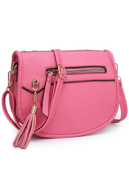 Fashion Saddle Crossbody BagFashion Saddle Crossbody Bag Faux vegan leather Zip top closure Gold-tone hardware Adjustable shoulder strap L 8 * H 6.5 * W 3