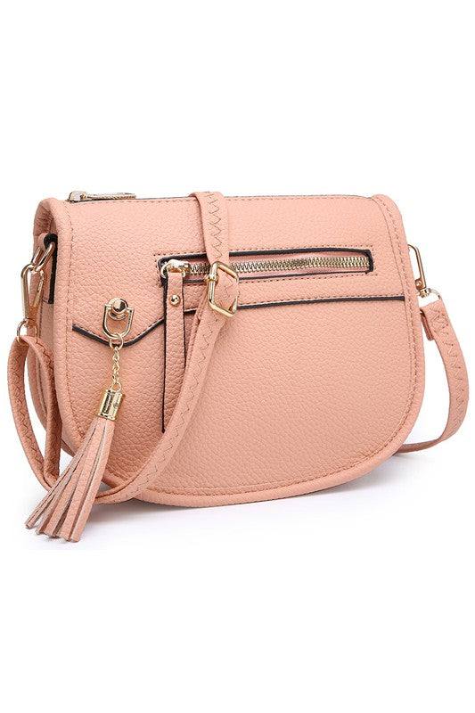 Fashion Saddle Crossbody BagFashion Saddle Crossbody Bag Faux vegan leather Zip top closure Gold-tone hardware Adjustable shoulder strap L 8 * H 6.5 * W 3