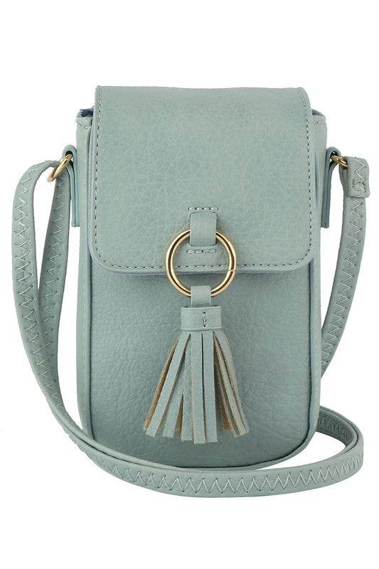 Tassel Ring Flap Cell Phone Crossbody Bag WalletTassel Ring Flap Cell Phone Crossbody Bag Wallet Faux vegan leather Magnetic snap closure Gold-tone hardware Adjustable shoulder strap L 4.8 * H 7 * W 1.9