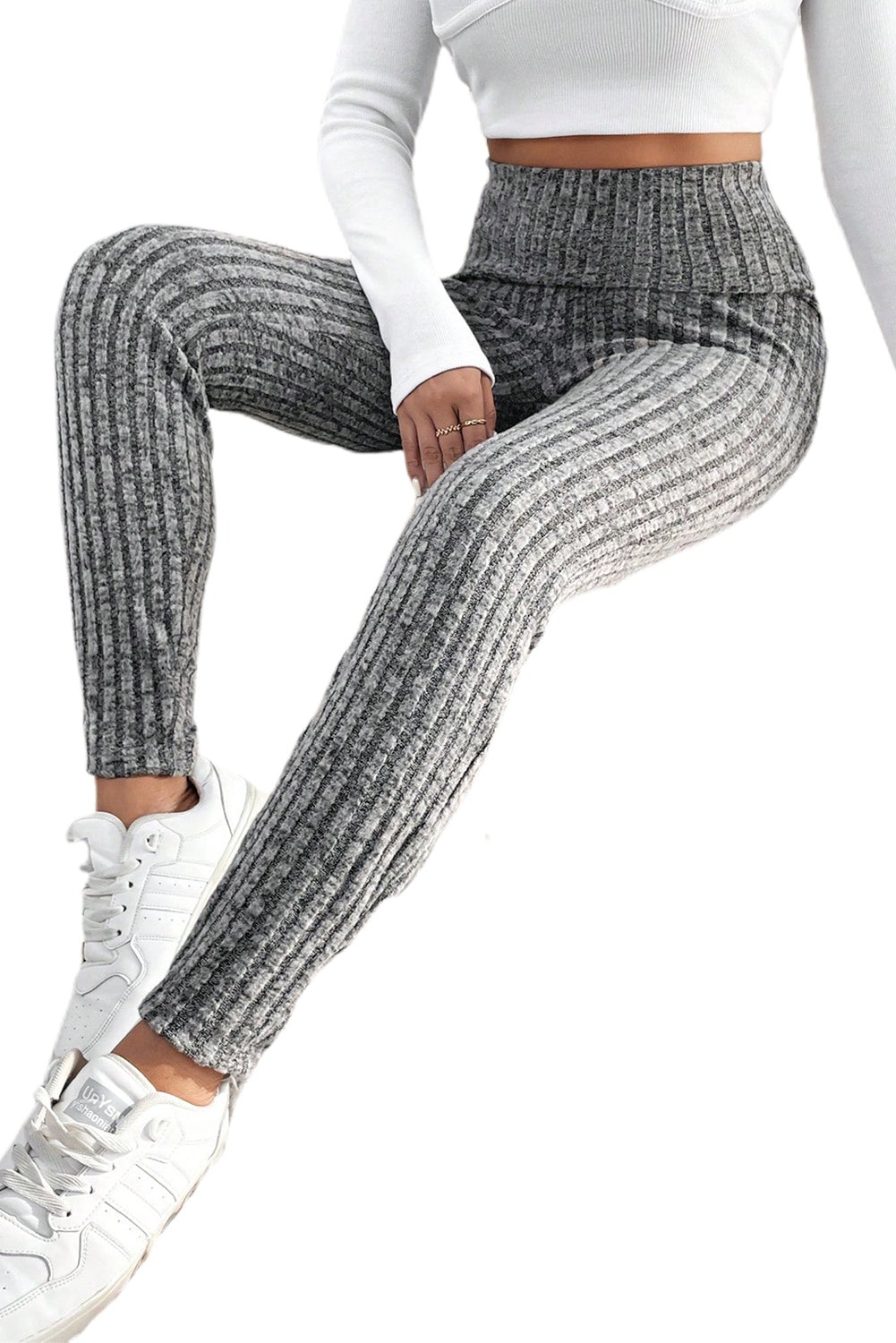 Gray Wide Waistband Ribbed Textured Knit LeggingsMaterial:95%Polyester+5%Elastane



		This high waist leggings designed in a skinny flattering fit
	
	
		It’s easy to pull on and elastic comfy to wear
	
	
	