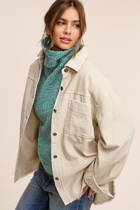 Daisy JacketThis corduroy layer features a washed finish for unique &amp; lively flair. Cut in an oversized fit with a collar, button placket and matching button cuffs. Finished