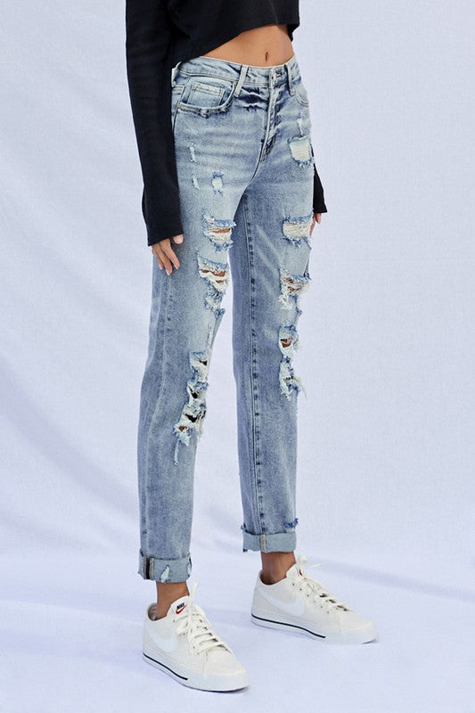 STRETCHED HIGH RISE GIRLFRIEND JEANSSTRETCHED HIGH RISE GIRLFRIEND JEANS 65% COTTON, 32% POLYESTER, 1.5% VISCOSE, 1.5% SPANDEX(SIZE 3)WAIST 25 1/2"HIP 34"FRONT SIZE 10 1/2"LEG OPENING 15 1/4"INSEAM 28 