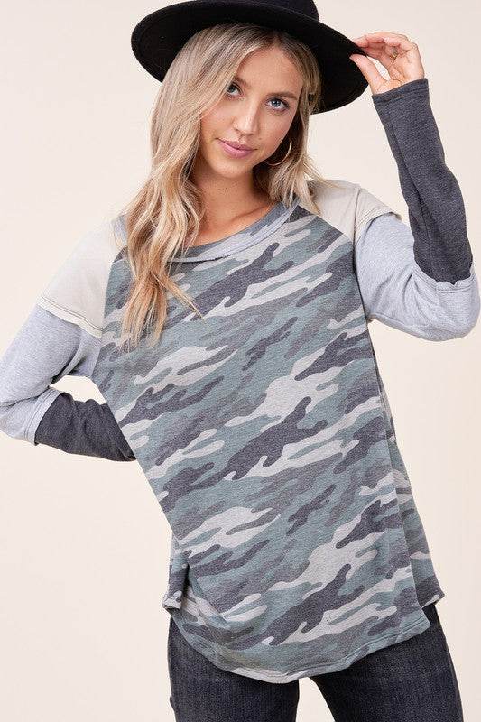 PLUS CAMOUFLAGE COLOR BLOCK TOPFRENCH TERRY CAMOUFLAGE PRINT AND SOLID COLOR BLOCKED LONG SLEEVE ROUND NECK RAW EDGE DETAIL PLUS TOP - MADE IN U.S.A
Style: Casual
Print / Pattern: CAMOUFLAGE PRINT