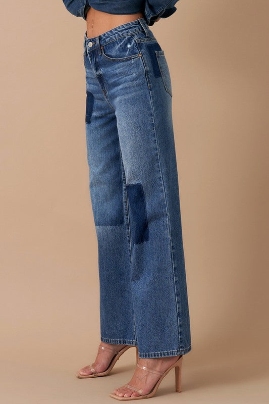 RELAXED WIDE LEG PATCHWORK JEANSRELAXED WIDE LEG PATCHWORK JEANS100% COTTONModel is wearing size 3/25, Height 5'8Waist - 28 1/2Hip - 38Front Rise - 11Leg Opening - 26Inseam - 29SIZE 1-3-5-7-9-11-13