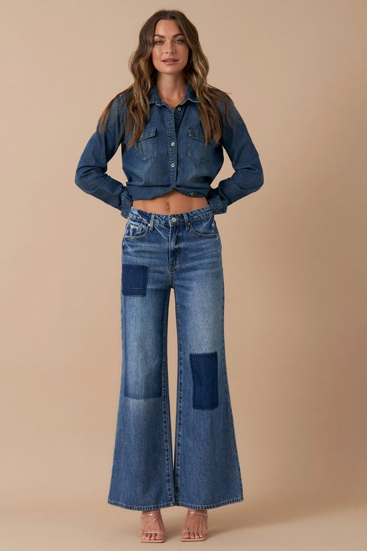 RELAXED WIDE LEG PATCHWORK JEANSRELAXED WIDE LEG PATCHWORK JEANS100% COTTONModel is wearing size 3/25, Height 5'8Waist - 28 1/2Hip - 38Front Rise - 11Leg Opening - 26Inseam - 29SIZE 1-3-5-7-9-11-13