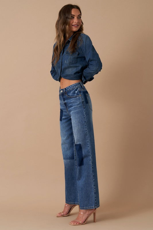 RELAXED WIDE LEG PATCHWORK JEANSRELAXED WIDE LEG PATCHWORK JEANS100% COTTONModel is wearing size 3/25, Height 5'8Waist - 28 1/2Hip - 38Front Rise - 11Leg Opening - 26Inseam - 29SIZE 1-3-5-7-9-11-13