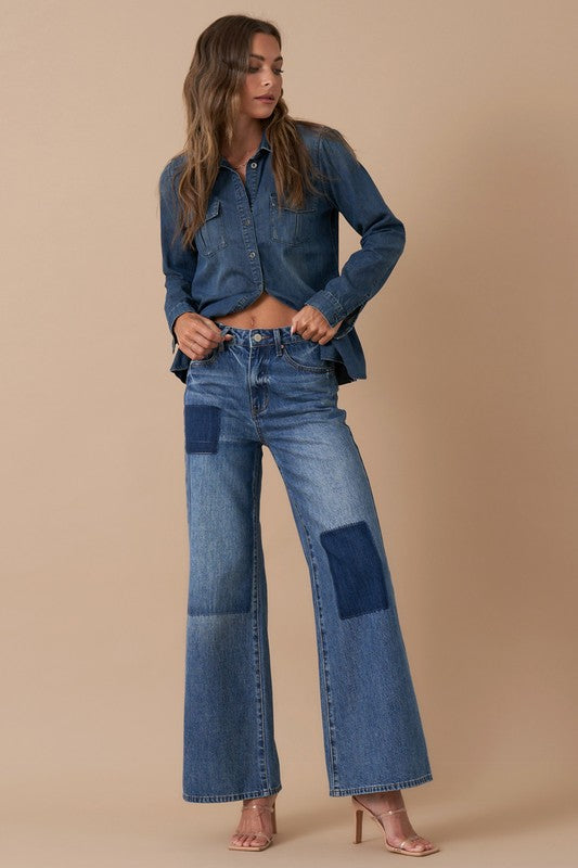 RELAXED WIDE LEG PATCHWORK JEANSRELAXED WIDE LEG PATCHWORK JEANS100% COTTONModel is wearing size 3/25, Height 5'8Waist - 28 1/2Hip - 38Front Rise - 11Leg Opening - 26Inseam - 29SIZE 1-3-5-7-9-11-13