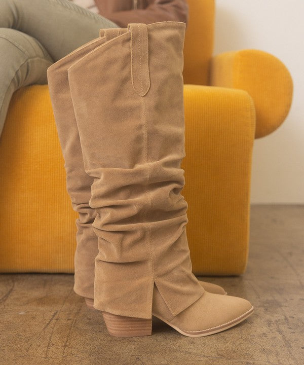 OASIS SOCIETY Thea - Fold Over Slit Jean BootsFold over slit jean boots offer a unique blend of fashion and versatility. These boots feature a distinctive fold-over design and a stylish slit, providing an edgy t