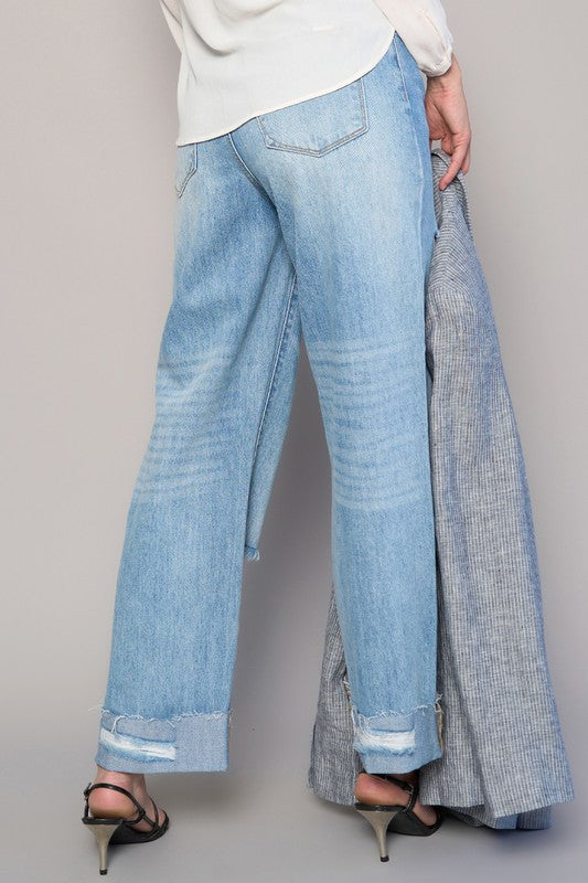 High Waist Crossover Ripped Straight Jeans