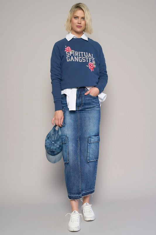 CARGO POCKET LONG SKIRT- 100% Cotton- Non-Stretch Denim- Cargo Pocket Long Skirt- Front Slit Detail- Front Zipper Fly - 8 pocketsThe model is wearing size 3/25, Height 5'8Waist - 28Hip - 3