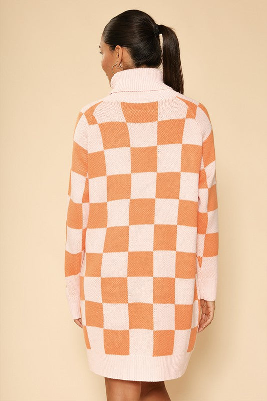 Checkered turtleneck sweater dress*Exclusive In-House Design*-Checkered turtleneck sweater dress-Ribbed at cuffs, collar and hemMade In: China