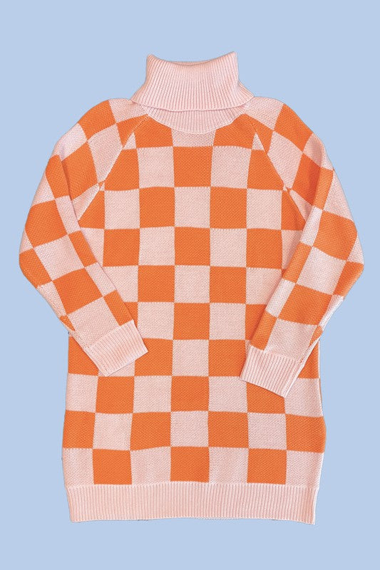 Checkered turtleneck sweater dress*Exclusive In-House Design*-Checkered turtleneck sweater dress-Ribbed at cuffs, collar and hemMade In: China